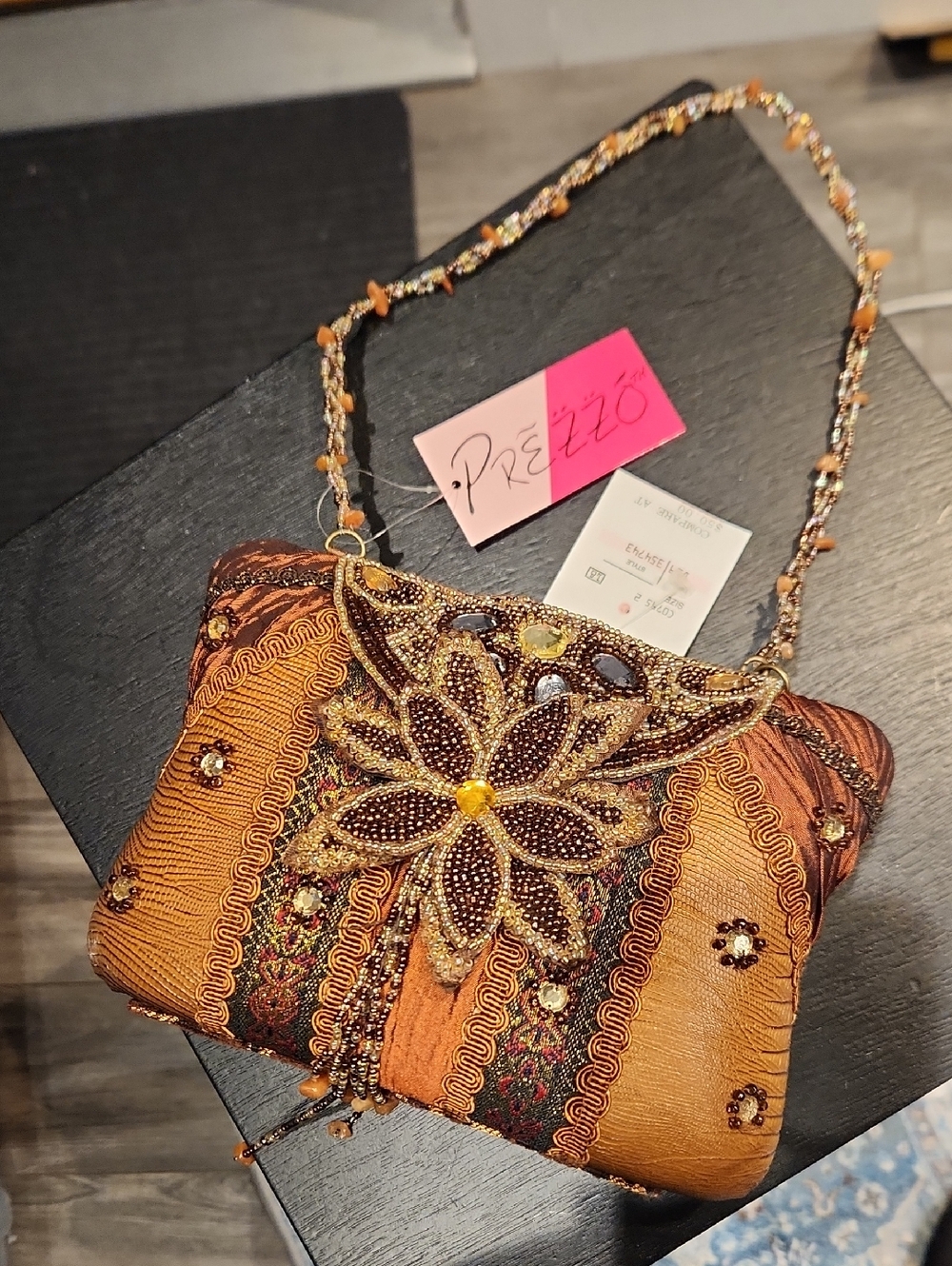 NWT Prezzo Women's Beaded Floral Embellished Evening Bag - Brown